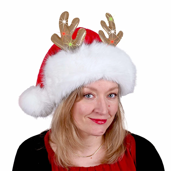 Bonnet de Noël en peluche rouge avec rebord et pompon imitation fourrure, orné de bois de renne dorés lumières multicolores, taille adulte