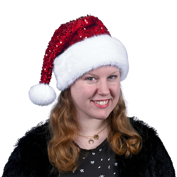 Bonnet de Noël à sequins rouges avec rebord et pompon en peluche douce taille adulte