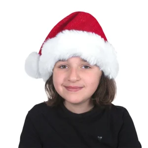 Bonnet de Noël tricot rouge à filaments argentés avec large rebord et pompon imitation fourrure, taille enfant
