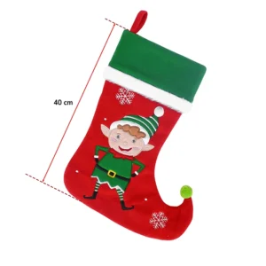 Botte matière épaisse rouge avec rebord vert doublée, décor lutin, petit pompon vert, 40 cm de long