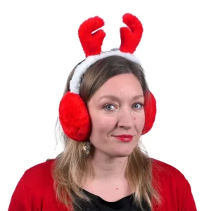 Cache oreilles en peluche rouge et blanche avec bois de renne, taille adulte