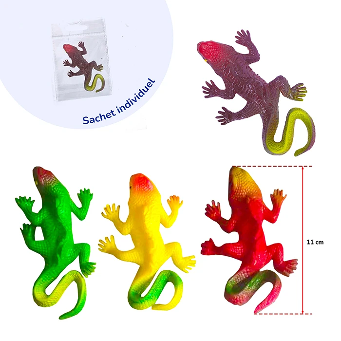 Jouet lézard souple 4 assortis multicolores, 11cm de long