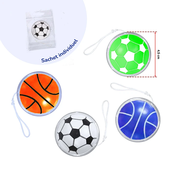Jouet yoyo décor ballon 4 décor assortis (ballon de basket : orange/noir et bleu/blanc, ballon de foot : noir/blanc et vert/blanc), 4,5cm de diamètre