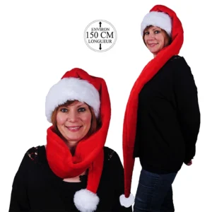 Bonnet peluche extra long, large rebord et pompon peluche vaporeuse, 150 cm de long