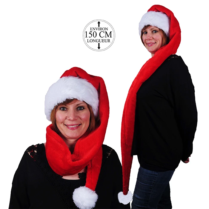 Bonnet peluche extra long, large rebord et pompon peluche vaporeuse, 150 cm de long