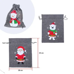 Pochon effet lin gris noël 3 décors assortis (père noël, ours polaire et bonhomme de neige), 22,5x18cm