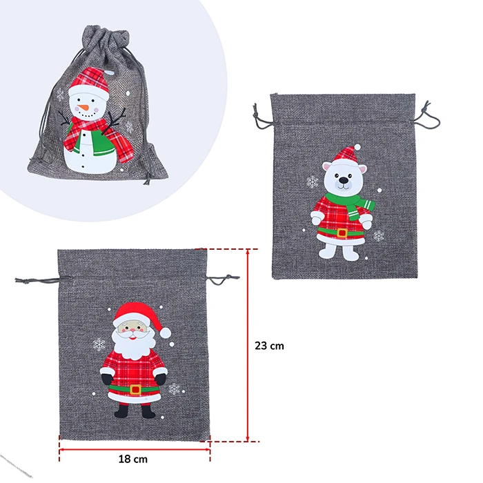 Pochon effet lin gris noël 3 décors assortis (père noël, ours polaire et bonhomme de neige), 22,5x18cm
