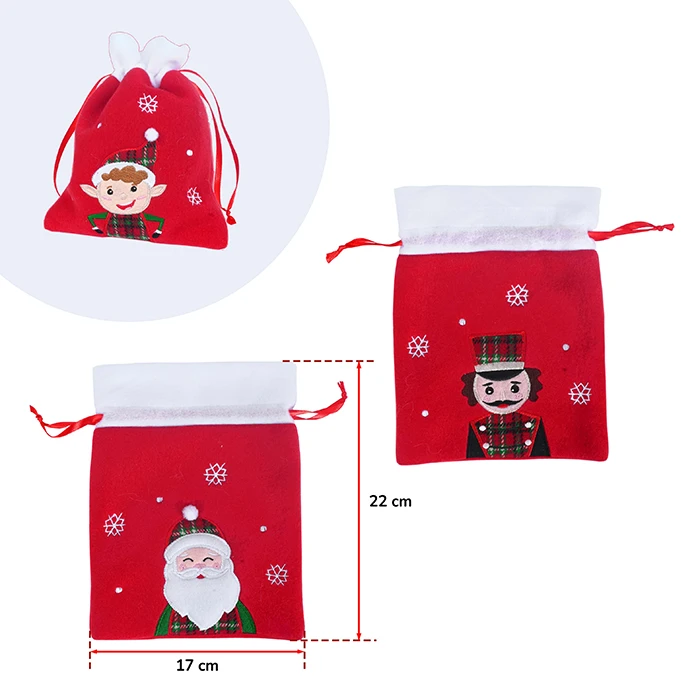 Pochons matière épaisse rouge et rebord blanc, décors assortis brodés (père noël, casse noisette et lutin), 22,5x18cm
