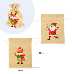 Pochon effet lin noël 3 décors assortis (renard, père noël et renne), 22,5x18cm