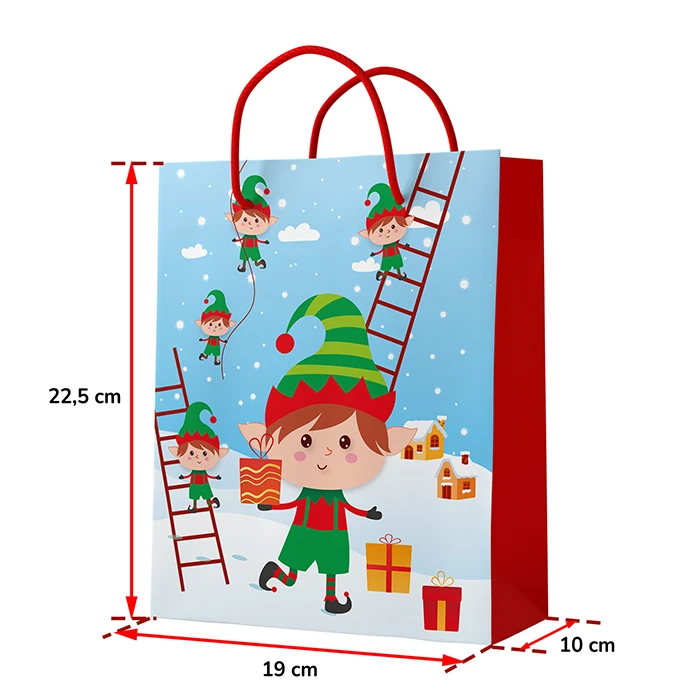 Sac papier lutin et cadeaux, 22,5x19x10cm