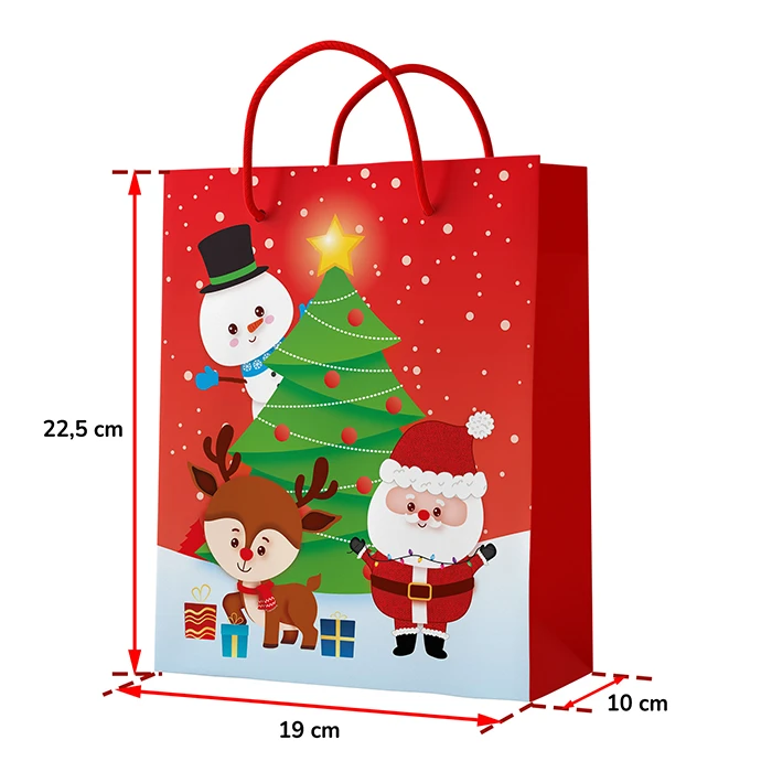 Sac papier sapin et personnages, 22,5x19x10cm