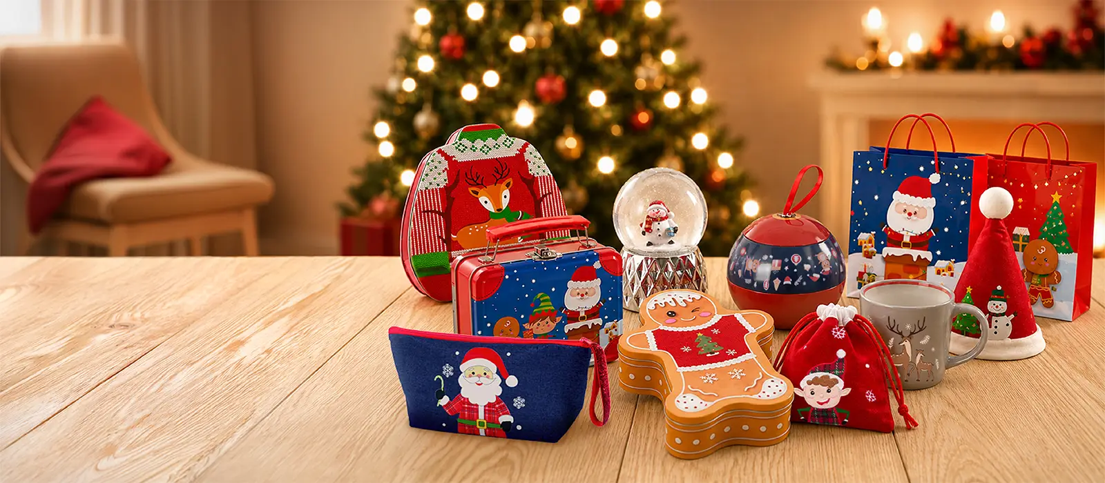 Contenants et accessoires de Noël des objets de noël posés sur table avec en arrière plan un sapin de noël