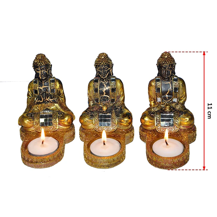 Set de 3 porte bougie Bouddha or mat, 11cm de haut