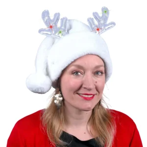 Bonnet blanc peluche très douce orné de bois de renne lumineux, 6 LED multicolores