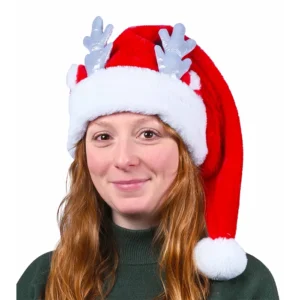 Bonnet de Noël mi-long, peluche douce, petites oreilles rouges et bois de renne argentés