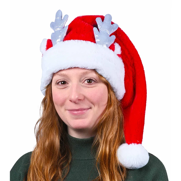 Bonnet de Noël mi-long, peluche douce, petites oreilles rouges et bois de renne argentés