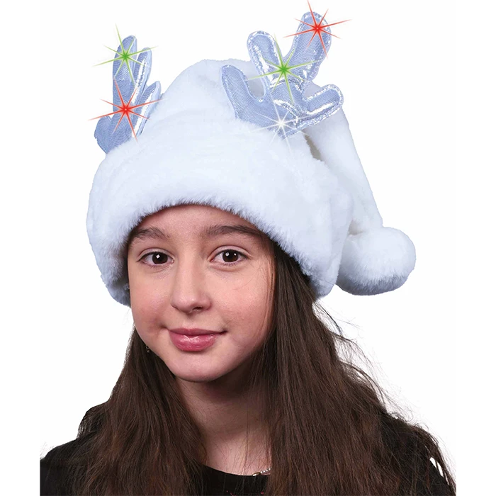 Bonnet blanc peluche très douce orné de bois de renne lumineux, 6 LED multicolores