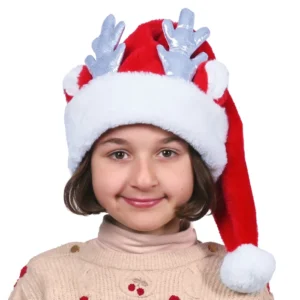 Bonnet de Noël mi-long, peluche douce, petites oreilles rouges et bois de renne argentés