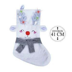 Botte peluche blanche, orné de bois de renne, 6 LED multicolores, piles boutons incluses