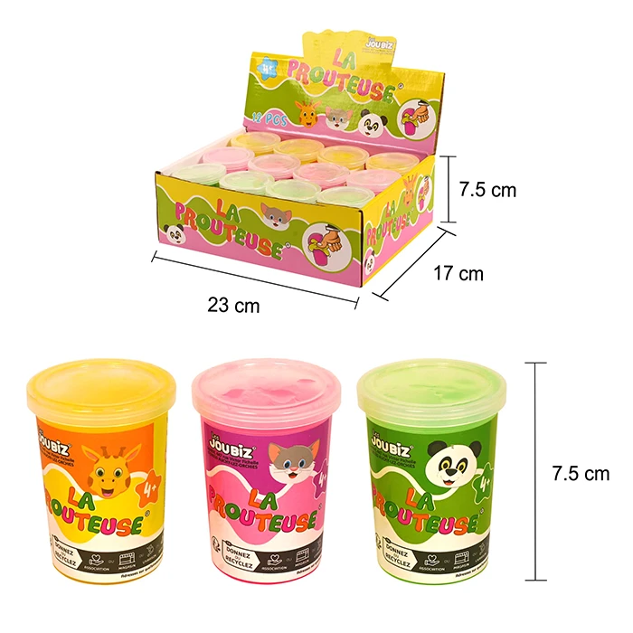 Jouet pâte à prout 3 couleur assorties (jaune, rose et vert), taille display box : 23cm de large, 17cm de profondeur et 7,5cm de haut (taille pot)