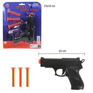 Jouet pistolet et 3 fléchettes, taille carte : 23cm de haut et 19cm de large