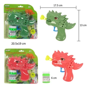 Jouet pistolet bulles dinosaures 2 couleurs assorties (vert et rouge), taille carte : 20,5 de haut et 19cm de large