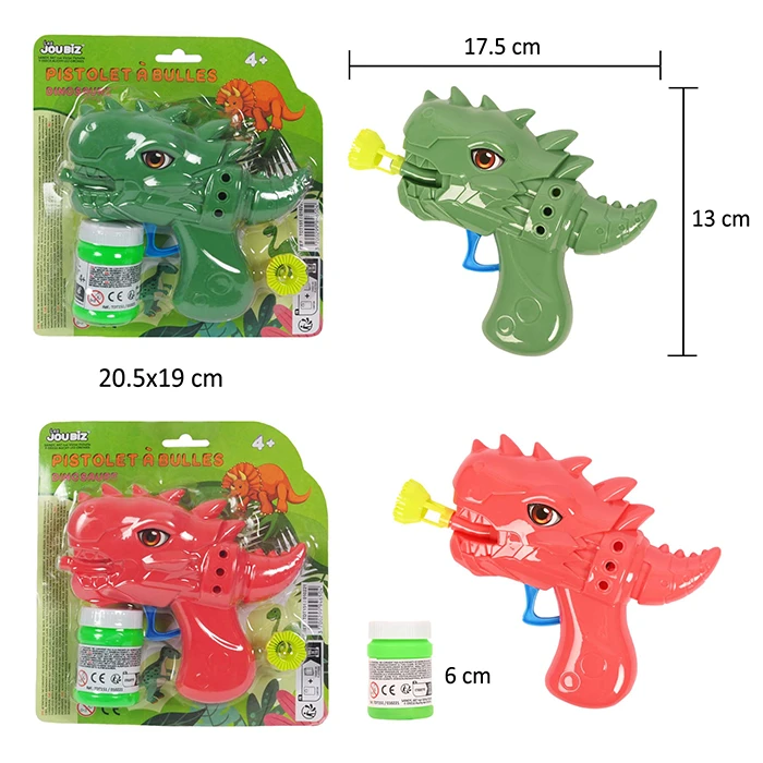 Jouet pistolet bulles dinosaures 2 couleurs assorties (vert et rouge), taille carte : 20,5 de haut et 19cm de large