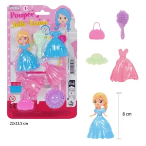 Jouet set poupée avec accessoires, taille carte : 22cm de haut et 13,5 cm de large