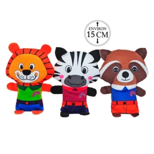 Assortiment de 3 peluches animaux (lion, zèbre et raton laveur), 15cm de haut