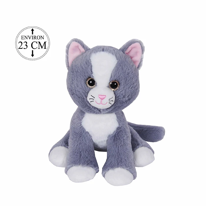 Peluche chat gris et blanc assis, 23cm de haut