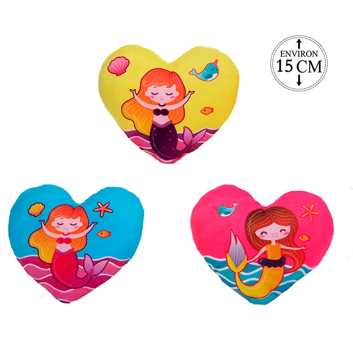 Assortiment de 3 peluche coeur décor sirène, 15cm de haut