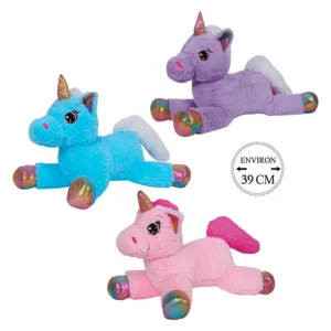 Assortiment de 3 peluches licorne (rose, violet et bleu), 39cm de haut