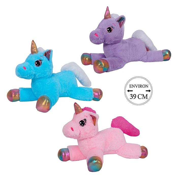 Assortiment de 3 peluches licorne (rose, violet et bleu), 39cm de haut