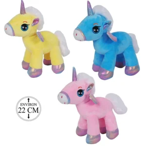 Assortiment de 3 peluches licorne (rose, jaune et bleu), 22cm de haut