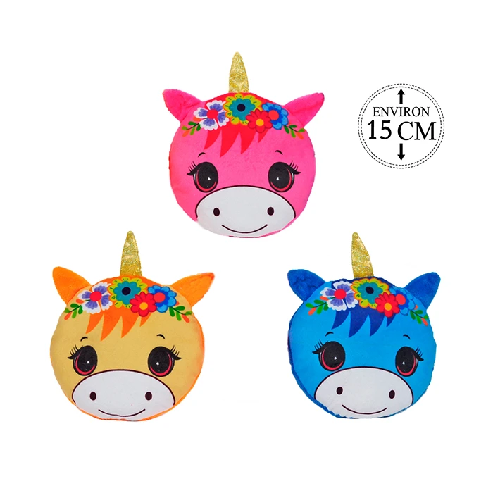 Assortiment de 3 peluches tête ronde licorne (rose, jaune et bleu), 15 cm de haut