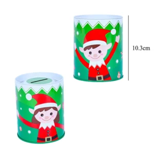 Tirelire ronde en métal, 2 décor lutin de noël, 8,5x10,4cm